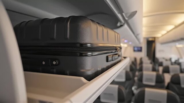 Suitcase being stowed in an airplane overhead compartment travel concept showcasing luggage storage and airline convenience for business trips and vacations