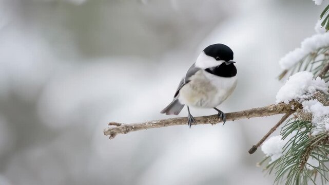 Spotting tiny seed near twig, small tit pecking thin branch on snowy conifer, pine needles