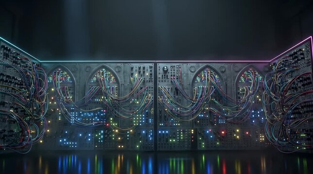 Modular Synthesizer Wall Arranged Like a Cathedral Facade, Holographic Patch Cables Stained Glass Arcs, Pulsing LEDs, Drifting Haze, Neon Cyan Magenta Rim Light