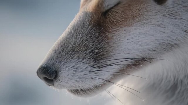 Reacting to slight shift, fox-like muzzle showing frosted nose and shiny whisker droplets in snow