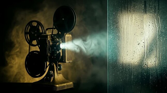 Vintage Film Projector Beam Through Rain Dripped Textured Glass Panel, Blank Abstract Light Cone, Dust Particles, Film Grain Flicker, Gold and Black with Subtle Teal Accent
