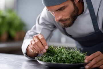 Chef inspecting fresh herbs on a dark plate on a stone counter