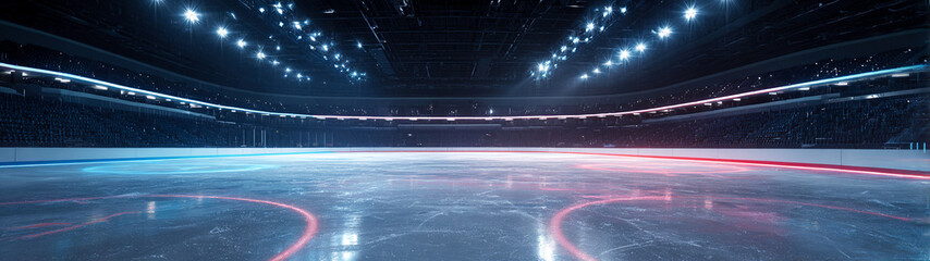 Empty hockey arena with ice and stands in cold colors under spotlights. Perspective sports banner, backgrounds, event visuals and professional sport branding.