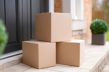 Cardboard boxes stacked on doorstep porch near front door