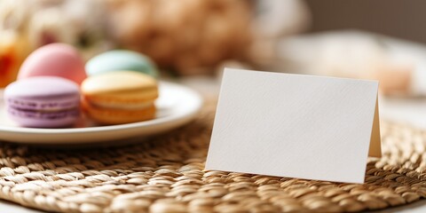 a blank square postcard mockup sitting on a woven rattan placemat. A small plate with a colorful macaron is blurred in the foreground