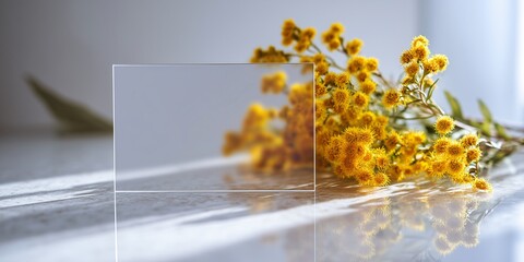 a blank transparent acrylic postcard mockup, casting a colorful reflection on a clean white countertop. A small bouquet of bright, simple wildflowers is in the background