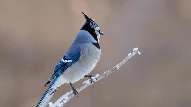 Perching Blue Jay turning head raising crest shifting on twig in winter as camera zooming scanning
