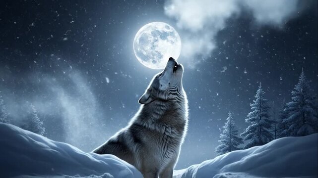 Wolf Howling at Full Moon in Snowy Forest Night Scene