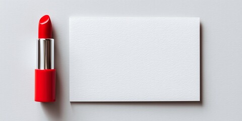 a blank card mockup and a small, clean tube of bright red lipstick placed diagonally across the card. The background is a clean white