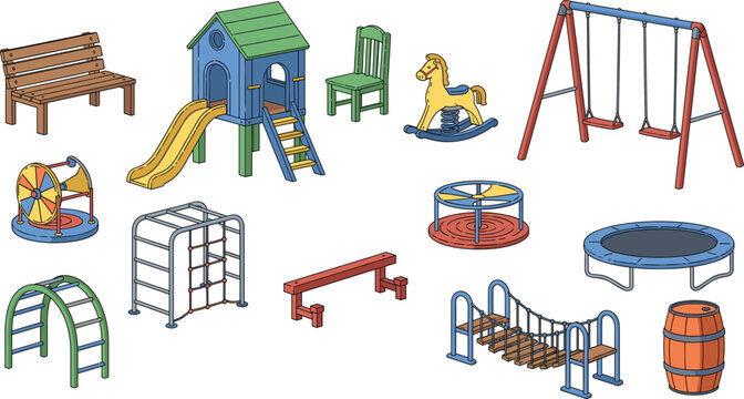 Playground equipment set with slides, swings, climbing frames, carousel, trampoline, and kids outdoor play elements flat vector illustration
