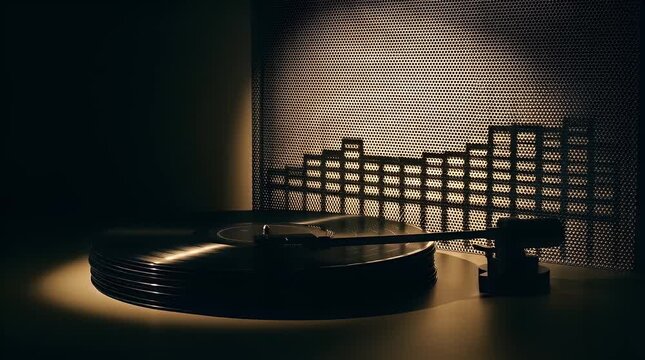 Plain Vinyl Record Stack with Tonearm Silhouette, Perforated Panel Equalizer Shadow Bars