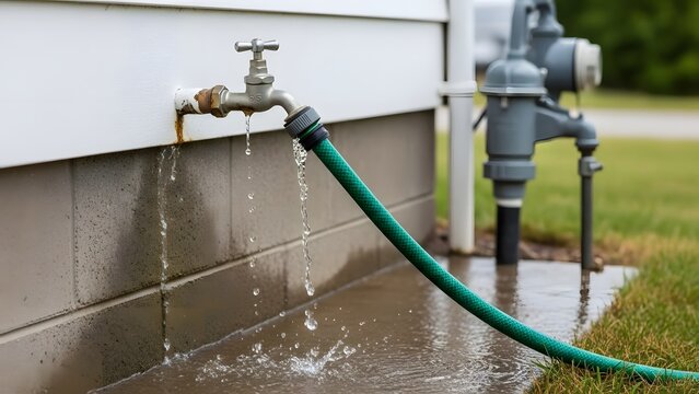 Green garden hose leaking water from outdoor silver spigot near gray water pump