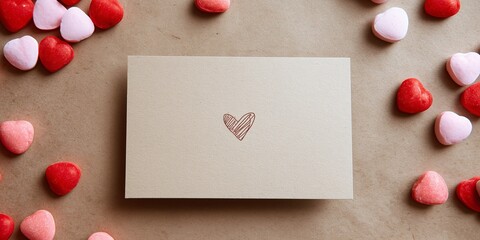 a blank kraft paper postcard mockup with a small, simple hand-drawn heart on a separate white paper. It is surrounded by scattered red and pink candy conversation hearts
