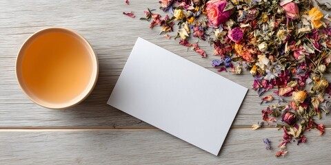 a blank postcard mockup next to a scatter of colorful loose leaf tea. The background is a smooth, light-colored wooden table