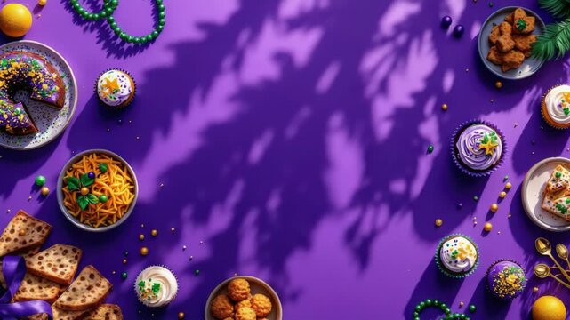 Colorful mardi gras celebration with cupcakes and beads on vibrant purple background