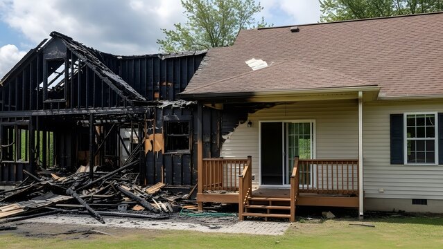 Half burned residential house with charred wooden frame and intact beige siding under cloudy sky