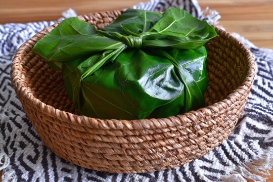 Tongan lu pulu wrapped in taro leaves in woven basket