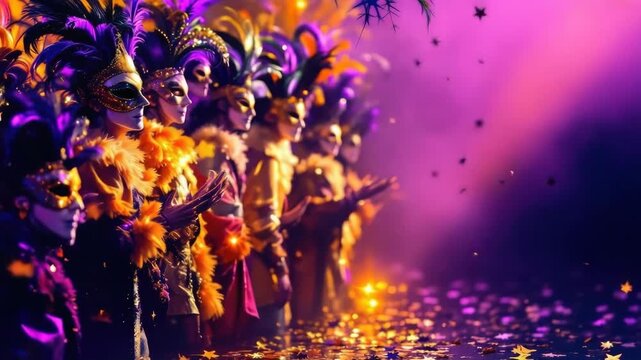 Colorful carnival parade with festive masks and vibrant costumes under dramatic lighting