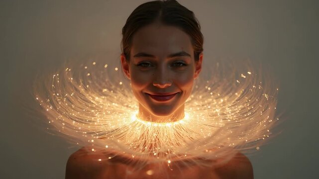 Reacting woman opening eyes and smiling in studio as fiber-optic collar pulsing, bare shoulders