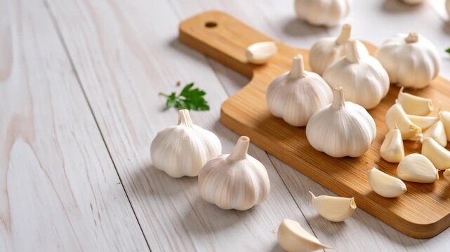 Fresh garlic bulbs and cloves on wooden cutting board