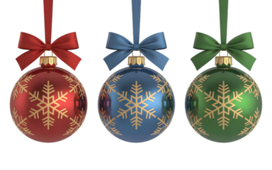 Red blue and green christmas ornaments with snowflake pattern isolated on transparent background