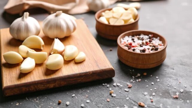 Fresh garlic cloves and bulbs with spices on wooden cutting board