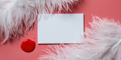 a blank white postcard mockup and a clean, white feather boa surrounding it. A small drop of vibrant red ink is in the corner