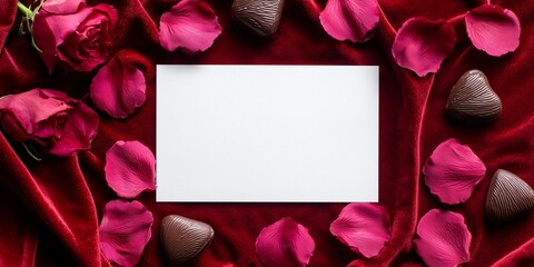 a blank matte white postcard mockup resting on a rich red velvet fabric. It is surrounded by scattered deep pink rose petals and foil-wrapped chocolate hearts