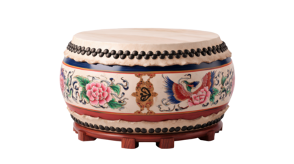 Traditional decorative drum isolated on white background featuring ornate floral and bird patterns, cultural musical instrument concept for heritage art, festivals, and interior decor