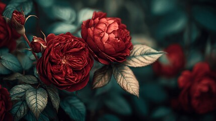  Vintage style rose background featuring deep red roses surrounded by lush dark green leaves, soft warm light enhancing classic romantic mood