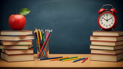 School desk with books apple and clock