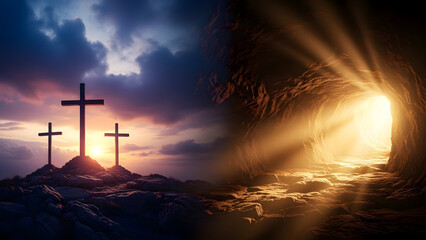 Ethereal crucifixion scene with heavenly light