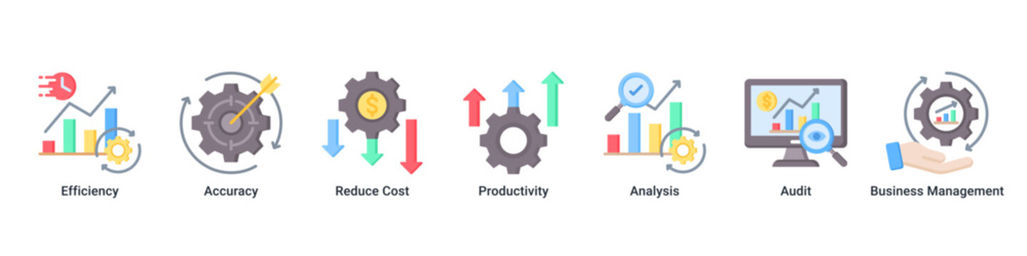 Business Efficiency banner illustrating productivity improvement, cost reduction, and performance analysis icons