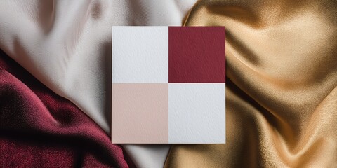 a blank square postcard mockup placed precisely on the center point where four different colored fabrics meet: white, blush pink, deep red, and dark gold
