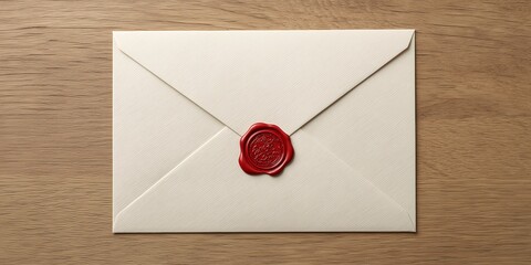 Overhead shot of a blank white postcard mockup with a small, perfectly formed red wax seal (blank imprint) on the corner. The surface is a simple wood grain