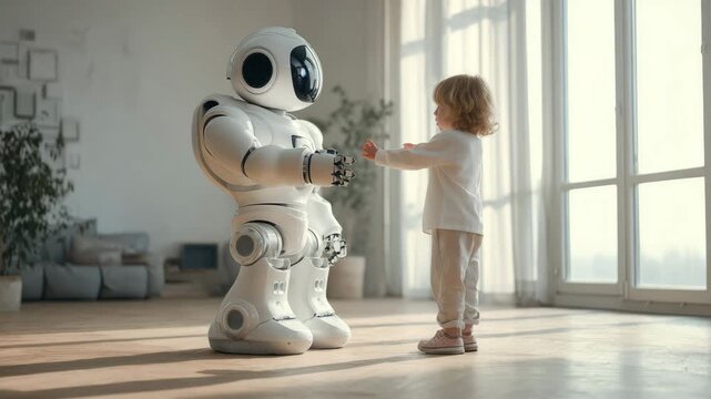 Child standing with friendly robot in bright modern living room