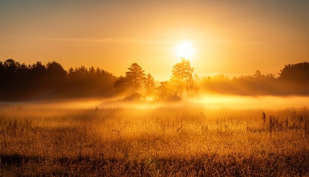 golden sunrise over a misty field