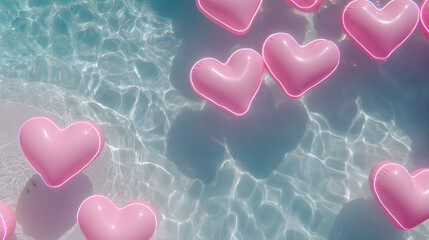 Pink heart shaped inflatable toys floating in clear blue water with sunlight reflection. Romantic mood for Valentine day.