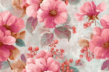 Shabby chic, pink floral vintage wallpaper pattern with a shimmery texture, watercolor style