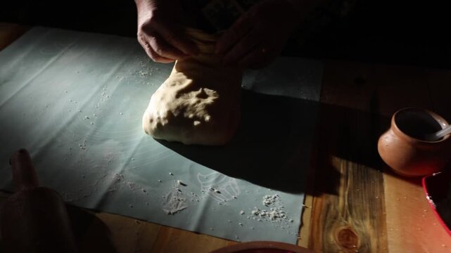 Grandmother's hands preparing homemade sweet pastry with dried fruits and nuts. Atmospheric shot of folding dough and a rustic table filled with organic ingredients like apricots and raisins.


