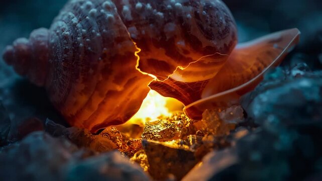 Glowing faint core between spiral seashells tracing filament and warming shells on damp pebbles