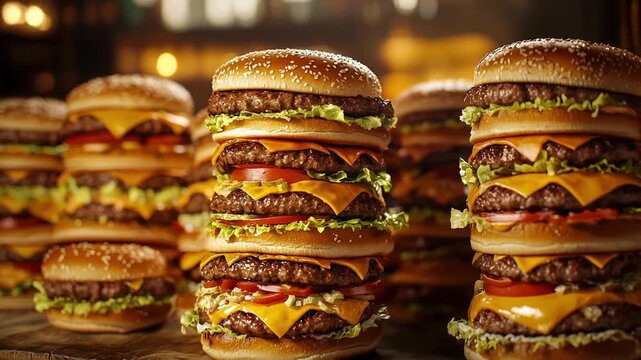 Juicy stacked cheeseburger with multiple beef patties, cheddar cheese, lettuce, tomato, and sesame seed bun, delicious appetizing meal with melted
