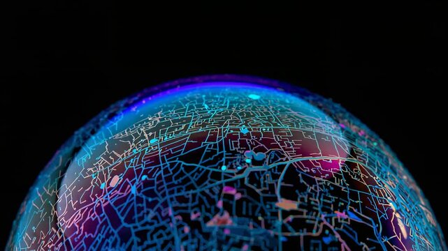 Moving camera revealing rotating glass orb with neon network in dark studio, magenta glow