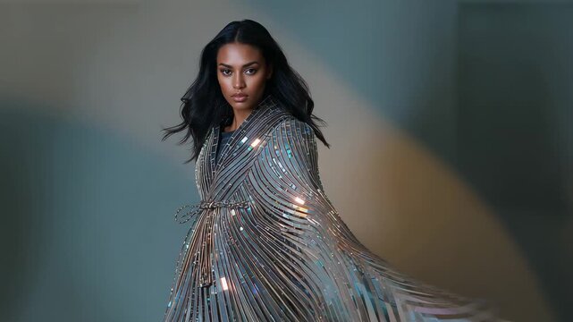 Posing model turning in studio, fan blowing metallic fringe gown, showcasing reflective sparkle