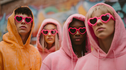 Group of young friends wearing pink heart shape sunglasses, concept of love holiday and friendship, for Valentine Day dating.