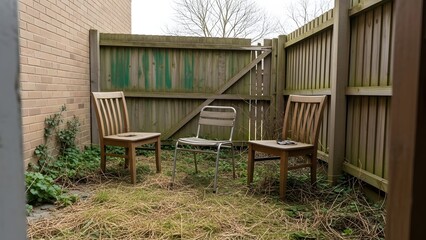 Overgrown backyard corner with three chairs and wooden fence on dry grass