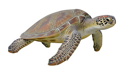 Fototapeta premium A green sea turtle swimming gracefully, isolated on white or transparent background, high resolution, studio lighting, sharp focus, detailed shell texture, clean cutout, minimal shadow, PNG format