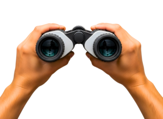 Hands holding black binoculars isolated on transparent background