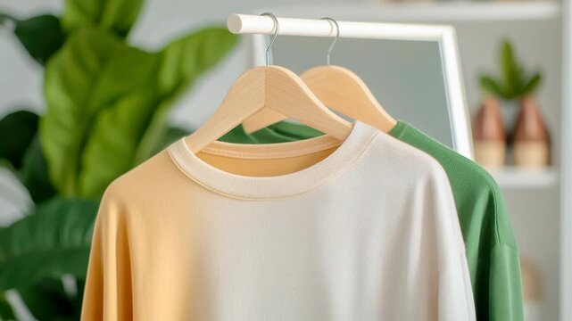 Soft cotton t shirt beige green hanging on wooden hanger casual clothing with blurred indoor plants creating calm natural vibe background