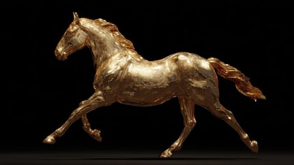 Chinese traditional lunar new year Spring Festival celebration in Asia. A majestic golden horse galloping against a stark black background, its mane and tail flowing gracefully. Its glossy.
